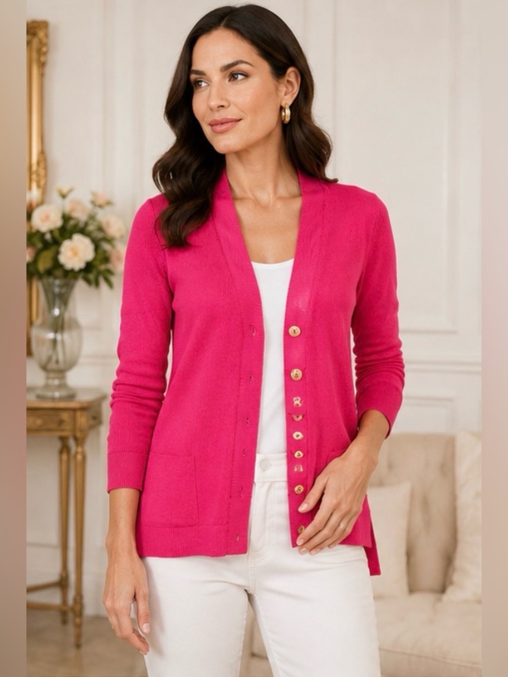 Gretchen Scott Designs Hot Pink Button-Front V-Neck Cardigan